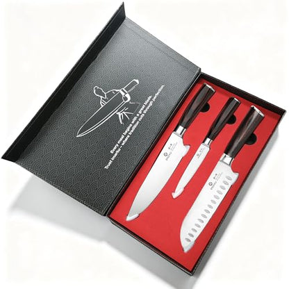 imarku 3 Pieces Knife Set, Japanese High Carbon Stainless Steel Chef Knife Set, Professional Chef Knives with Ergonomic Pakkawood Handle, Ultra Sharp Cooking Knives for Kitchen & Home Cooking - color: Red Brown