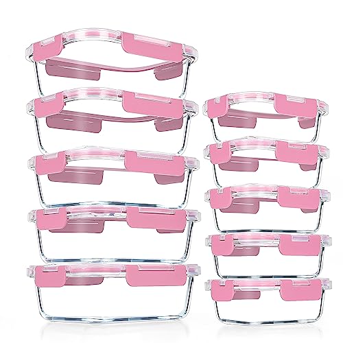 VERONES 10Pack Glass Meal Prep Containers, Airtight Glass Lunch Containers,Stackable Food Storage Containers Set with Lids,Exclusive of BPA, for Microwave,Oven, Freezer&Dishwasher Friendly,Pink - color: Pink