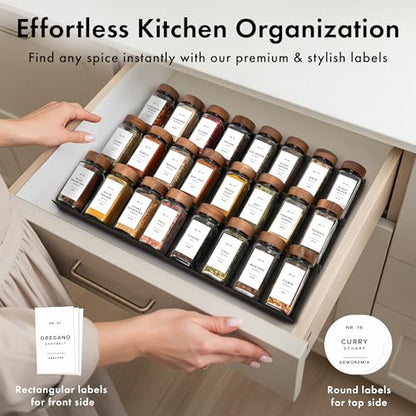 EDELHAUS Glass Spice Jars with Label, 24x Acacia Wooden Lids - White Labels | Airtight acacia lids keep spices fresh; use as a spice organizer, seasoning containers or 4 oz jar set; funnel & 240 labels - color: Acacia Lid + White Labels