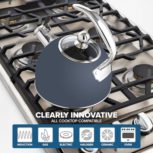 Viking 3-Ply Stainless Steel Tea Kettle, 2.6 Quart Stovetop Hot Water Pot with Tempered Glass Lid, Ergonomic Handle, Induction Ready, Slate and Blue - color: Slate Blue