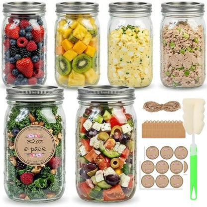 32 oz Wide Mouth Mason Jars with Airtight Lids and Bands, 6 Pack Quart Glass Canning Jars for Pickling, Meal Prep, Overnight Oats, Storage & DIY Crafts