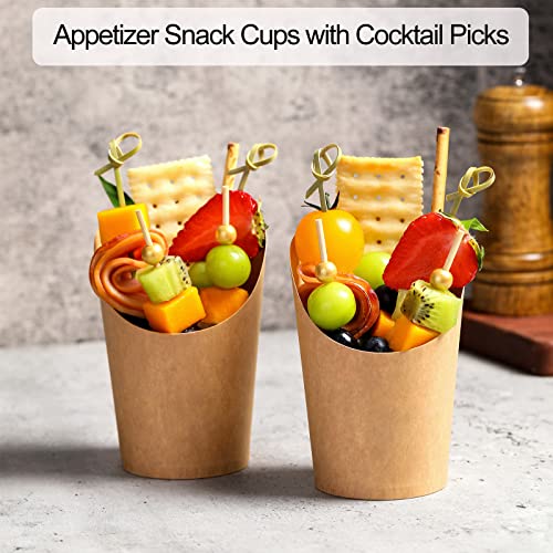 Disposable Charcuterie Cups 60 PCS with 200PCS Sticks and 60PCS Bags | 14 oz Kraft Paper Snack Boxes Appetizers Cup French Fry Holder with Cocktail Skewers Toothpicks Tooth Picks, Brown - color: Brown, size: 14 Oz 60 Pcs Set