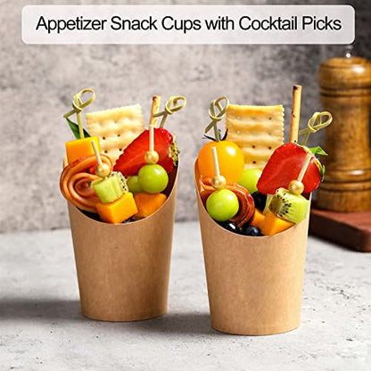Disposable Charcuterie Cups 120 PCS with 200PCS Sticks and 120PCS Bags | 14 oz Kraft Paper Snack Boxes Appetizers Cup French Fry Holder with Cocktail Skewers Toothpicks Tooth Picks, Brown - color: Brown, size: 14 Oz 120 Pcs Set