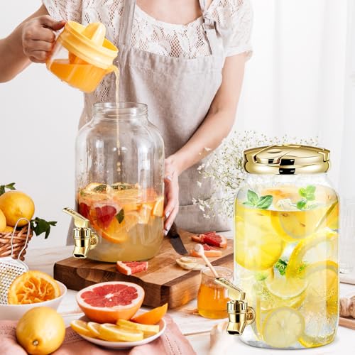 Havawish 2 Pcs 1 Gallon Plastic Beverage Dispenser with Spigot Clear Summer Kitchen Fridge Drink Dispenser for Parties Lemonade Juice Tea Beer Cold Water(Gold,Cylinder) - color: Gold, style: Cylinder