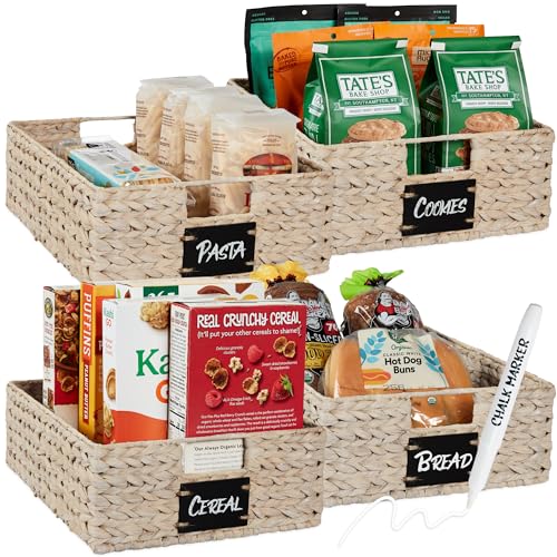 Best Choice Products 40.6 x 30.5cm(16 x 12인치) 대형 부레옥잠 식료품 저장실 바구니 4개 세트, 칠판 라벨이 있는 우븐 오거나이저, 초크 마커 - 화이트 - color: 화이트., size: 12x16x5in