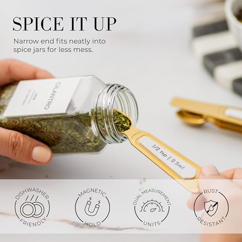 White and Gold Measuring Spoons with Leveler - Featuring 8PC Upgraded Style, Dual-Sided, Stackable, Stainless Magnetic Measuring Spoons Set - Fits in Spice Jars, White and Gold Kitchen Accessories - color: White & Gold