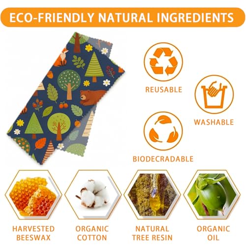 LENARKU Reusable Beeswax Wrap, Forest Animals Wraps, 9 Pack Eco-Friendly Food Storage, Organic Cotton, Sustainable, Zero Waste, Plastic-Free, Sandwich & Snack Covers, 1XL, 3M, 5S - color: Beige Woodland