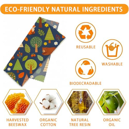 LENARKU Reusable Beeswax Wrap, Forest Animals Wraps, 9 Pack Eco-Friendly Food Storage, Organic Cotton, Sustainable, Zero Waste, Plastic-Free, Sandwich & Snack Covers, 1XL, 3M, 5S - color: Beige Woodland