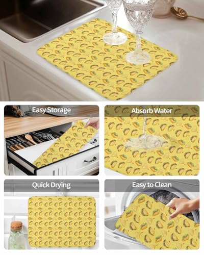 Yellow Tacos Dish Drying Mat, Cheese Vegetables Cartoon Food Absorbent Dish Drying Matt Pad for Kitchen Countertops, Sinks, Dish Drainer Racks, Large 18x24in 1PC - size: 24" x 18"