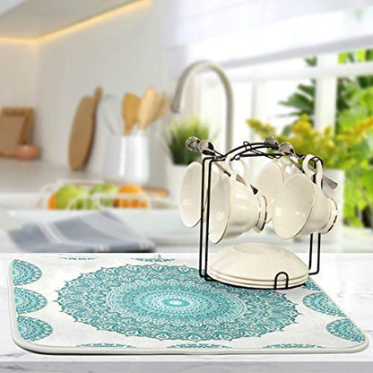 Super Absorbent Dish Drying Mat, Microfiber Fast-Drying Dish Mat, 24" x 18", Kitchen Dish Drying Pad, Boho Ethnic Turquoise Mandala - color: Turquoise Mandala, size: 18" x 24"