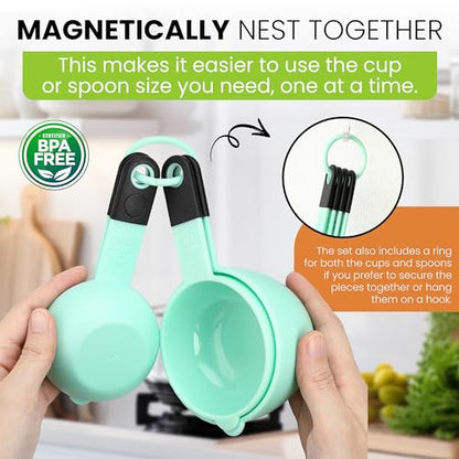 Spring Chef Mint Magnetic Measuring Cups and Spoons Set of 9, Stackable Plastic Kitchen Tool with Easy to Read Markings - Measure Dry or Liquid Ingredient for Baking & Cooking, BPA Free - color: Mint
