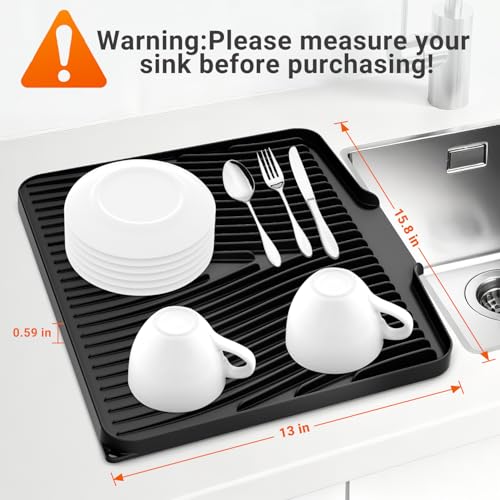 Silicone Dish Drying Mat for Kitchen counter, 15.8"x13" Extra Large Non-Slip Drain Pad with Built-in Drainage, Heat Resistant Dishwasher Safe, Black - color: Black, size: 15.8" x 13"