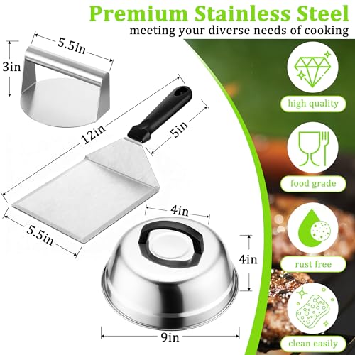 Smash Burger Kit 5Pcs, HaSteeL 9" Basting Cover, Metal Spatula and Bacon Press for Griddle, Heavy Duty Stainless Steel Spatula, Griddle Accessories Kit Perfect for Flat Top Teppanyaki Grilling Cooking