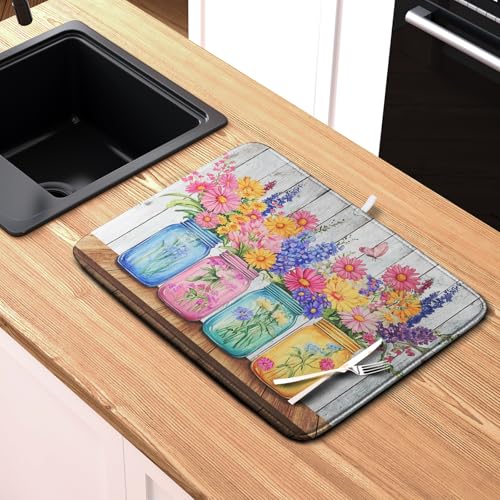 Daisy Dish Drying Mat for Kitchen Counter Spring Summer Flowers Vases Dishes Pad Microfiber Absorbent Dish Draining Mats Rustic Farmhouse Floral Wooden Board Dish Drainer Rack Mat 18x24 Inch - size: 18" x 24"