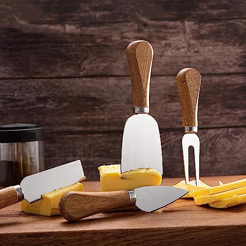 Cheese Knives 6 Set with Wooden Handle, Mini Steel Stainless Cheese knife set for Charcuterie and Cheese spread Mini Serving Tongs Spoons Forks Toothpick Flags for party Wedding Christmas - color: Wood