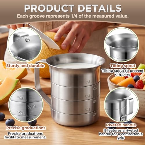 2 Pcs 1 Quart Aluminum Measure Cup Silver Metal Measuring Pitcher with Easy to Read Graduated Marking Handle Pouring Spout Kitchen Baking Tool for Liquid Flour Rice Sauce Measuring - size: 1 Quart