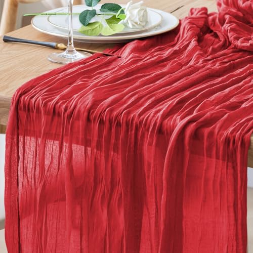 Table Runner Cheesecloth 10FT Red Boho Gauze Cheese Cloth Rustic Sheer Table Runners for Wedding Birthday Bridal Baby Shower Party Decoration - color: Red, size: 1 Pack