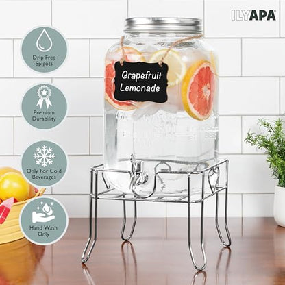 Ilyapa Outdoor Glass Beverage Dispenser with Sturdy Metal Base, Stainless Steel Spigot & Hanging Chalkboard - 1 Gallon Drink Dispenser