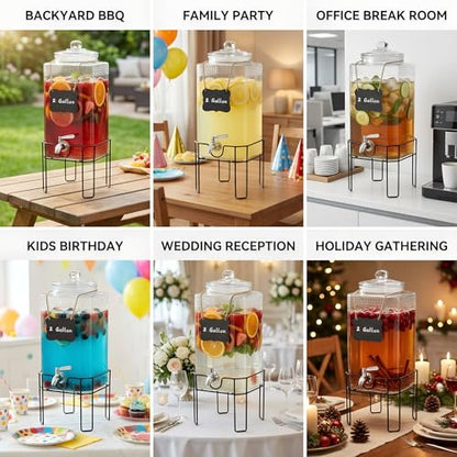 2 Gallon Glass Drink Dispenser, Drink Dispensers for Parties, Beverage Dispenser with Stand and Glass Lid, 100% Leakproof Spigot, Ideal for Lemonade, Juice, Laundry Detergent Dispenser - size: 2 Gallon