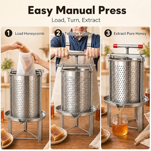 Honey Press Extractor Machine, 3.5 Gallon Stainless Steel Manual Beekeeping Tool Easy to Use Multi-Purpose Honey Wax Fruit Press for Home Use