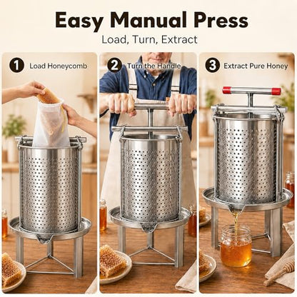 Honey Press Extractor Machine, 3.5 Gallon Stainless Steel Manual Beekeeping Tool Easy to Use Multi-Purpose Honey Wax Fruit Press for Home Use