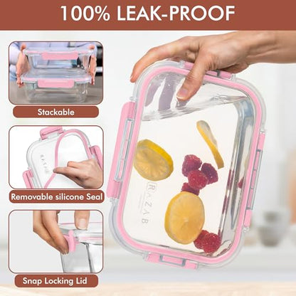 Razab 2 Pcs 1860ml / 63 Oz Large Glass Food Storage Containers with Lids - Glass Meal Prep Containers with Locking Lids for Roasting, Storing Leftover, Lunch Container, BPA Free, Microwave & Oven Safe - color: Pink