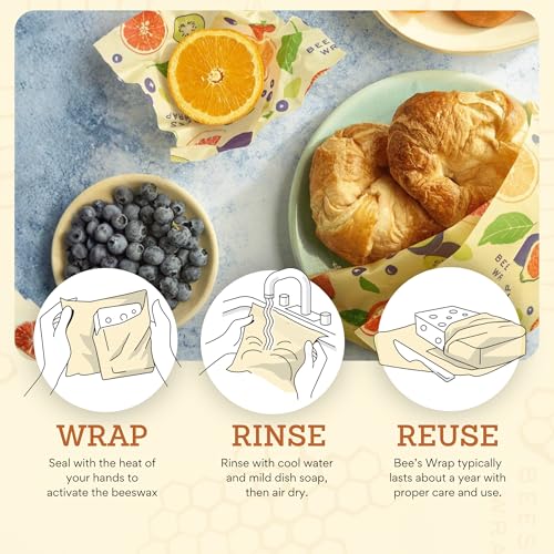 Bee's Wrap Beeswax Wraps for Food - 3 Pack of Assorted Beeswax Wraps - Small, Medium & Large Wrap - Plastic Free Made in USA Reusable Natural Food Wrap - Fresh Fruit Print - style: 3 Pack (Fresh Fruit)