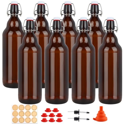 8 Pack 32oz Amber Swing Top Glass Bottles, Flip Top Brewing Bottles with Airtight Stopper for Vanilla Extract, Kombucha, Beer, Kefir, Mead