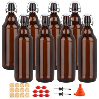 8 Pack 32oz Amber Swing Top Glass Bottles, Flip Top Brewing Bottles with Airtight Stopper for Vanilla Extract, Kombucha, Beer, Kefir, Mead
