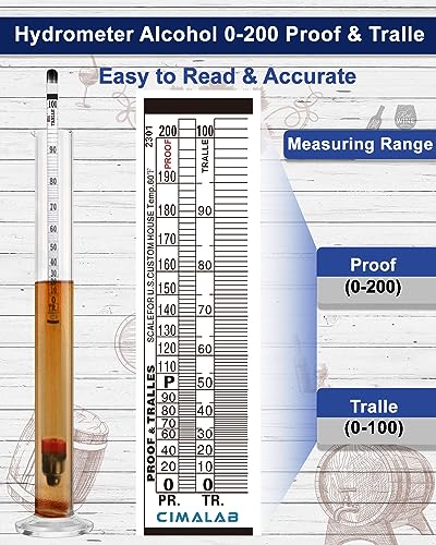 CIMALAB Hydrometer Alcohol Meter, Hydrometer Alcohol 0-200 Proof and Tralle Alcohol Hydrometer, Alcohol Proof Tester Hydrometer, Alcohol Tester for Liquor/Moonshine/Spirits/Proofing/Distilled