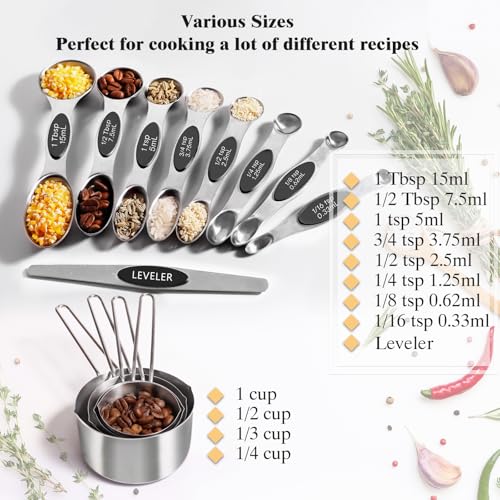13pcs Stainless Steel Measuring Cups and Spoons Set, Including 8 Double-Sided Magnetic Measuring Spoons Set & 1 Leveler, 4 Metal Measuring Cups - color: Black