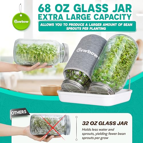 [LARGE SIZE] 2000ml(68oz) Seed Sprouting Mason Jar Kit with Stand,Drain Tray, Screen Lids,Blackout Sleeves,Good Ventilation & Drainage Capacity,Growing Fresh Organic Mung Beans,Broccoli & Microgreens