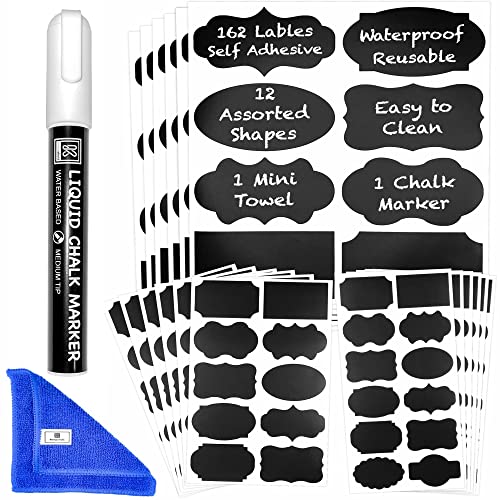 Chalkboard Labels for Jars 162pcs - Waterproof Reusable Chalk Sticker Labels for Containers Storage Jars - 12 Unique Shapes & 3 Sizes Includes Erasable Liquid Chalk Marker & Mini Towel (Pack of 162) - style: 162 Labels Assorted Shapes