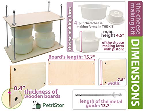 PetriStor Wooden Cheese Press for Making Supplies - 16in Metal Guides, 13in Mold With Follower Piston, 1.3Qt - Ultimate Home Cheese Press - Prensa Para Queso