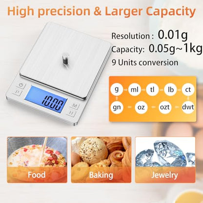 BOMATA 0.01g Small Digital Gram Scale, USB Rechargeable, Upgraded 1kg Jewelry Scale with Larger Display and Hold Function, High Precision, Grams and oz for Herb, Coin, Powder, Gold, Yeast, Kitchen - size: 0.01g/1kg Silver