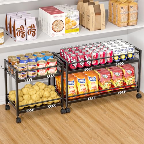 1 Pack 2-Tier Expandable Pantry Floor Organizer Cart, Rolling Pantry Storage Cart with Wheel, Adjustable Can Organizer for Kitchen Pantry, Pantry Shelves and Storage Rack for Snacks, Vegetables, Black - color: Black