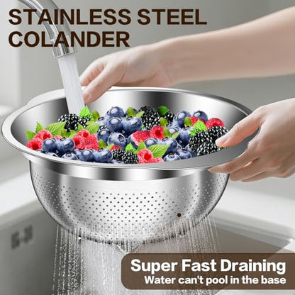 3.5QT Colander with Bowl, Rice Strainer, Stainless Steel Mixing Bowls with Strainer, Pasta Strainer, Colander for Kitchen for Rice Pasta Fruits Vegetables, Rice Cleaner Strainer, Dishwasher Safe - size: 3.5+3.5QT Bowl