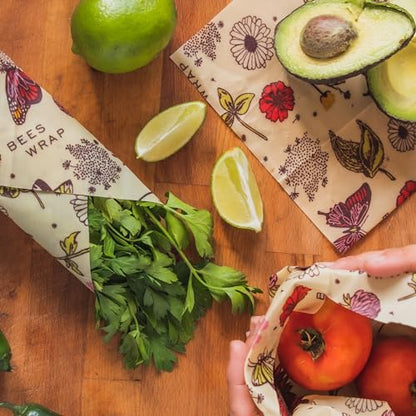 Bee's Wrap Vegan Beeswax Wraps for Food - 3 Pack of Assorted Beeswax Wraps - Small, Medium & Large Wrap - Plastic Free Made in USA Reusable Natural Food Wrap - Meadow Magic Print - style: Vegan Meadow Magic