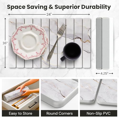 Large Stone Dish Drying Mat for Kitchen Counter, Foldable & Super Absorbent Diatomaceous Earth Drying Pad for Dishes, Cups, Bottles with Anti-Slip Mesh & Quick Dry (White Marble 24"L x 16"W) - color: White Marble