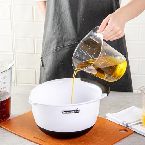 Restaurantware RW Base 1 Quart Measuring Jar 1 Durable Measuring Beaker - Metric And Imperial Units V-Shaped Spout Clear Plastic Measuring Cup Handle With Thumb-Grip Tolerates Up To 248F - color: Clear, size: 6.50" × 4.75" × 6.00"