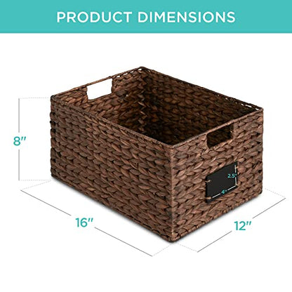 Best Choice Products 식료품 저장실 바구니 40.6 x 30.5cm(16 x 12인치) 워터 히아신스 보관 바구니 2개 세트, 손잡이가 달린 우븐 고리버들 주방 정리함, 칠판 라벨 분필 마커 포함 - 브라운 - color: 브라운., size: 12x16x8in