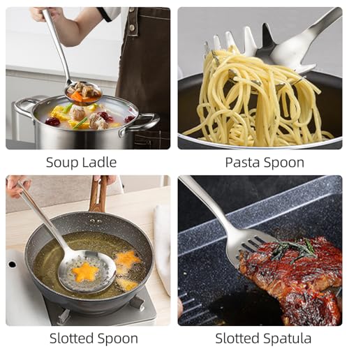 18/8 Stainless Steel Cooking Utensils Set, Spatula Set Kitchen Wok Utensils Set, Include Soup Ladle,Spaghetti Server,Slotted Spatula Turner,Skimmer(Dishwasher Safe, Mirror Polished) - size: 18/8 Stainless Steel Utensil Set of 4