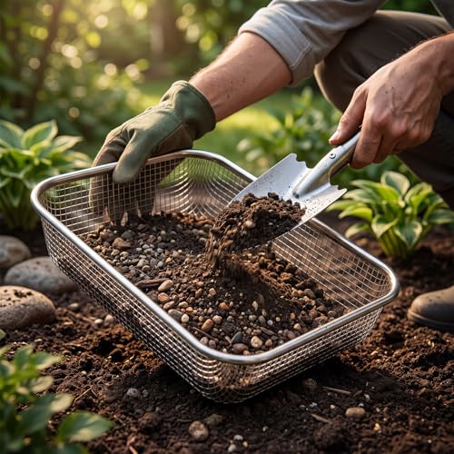 Set of 3 Soil Sifter for Gardening 2 Stainless Steel Sand Rocks Compost Soil Sieve with 1 Trowel 1/4 Inch 1/8 Inch Mesh Dirt Sifter for Gravel Potting Sawdust