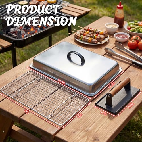 14 Inch Large Melting Dome and Grill Press Kit, 4 Pcs Griddle Accessories Set, Stainless Steel Cheese Basting Cover, Burger Bacon Press, 2 Cooling Racks for Flat Top Grill Indoor Outdoor