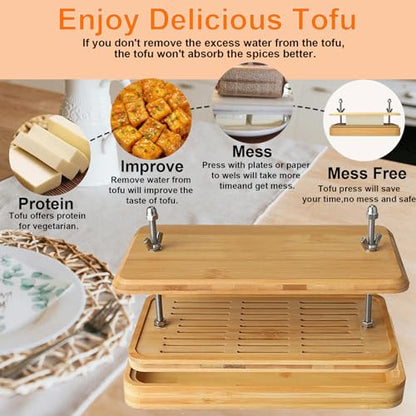 Tofu Press,Large Bamboo Tofu Press with Tofu Strainer,Drip Tray and Cheesecloth, BPA Free,Easy to Clean,Easily Remove Water from Silken/Firm/Extra Firm Tofu,Great Gift for Tofu Lover