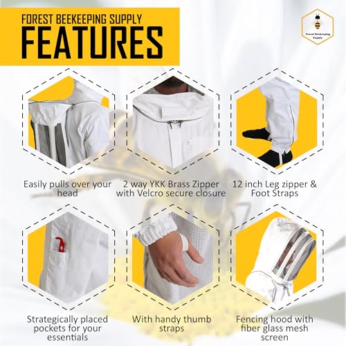 Professional Bee Suit with Gloves – Premium Cotton Beekeeper Suit, includes Detachable Fencing Veil & Goatskin Bee Gloves, Complete Protective Gear Kit – Large - size: Large