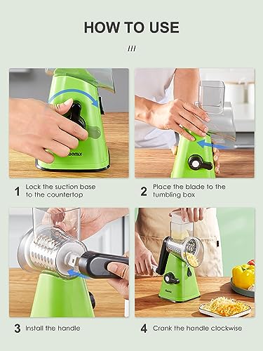 Rotary Cheese Grater with Handle, Reemix Vegetable Cheese Shredder Slicer Grater for Kitchen 3 Changeable Blades for Cheese Potato Zucchini Nuts Chocolate (Green) - color: Green