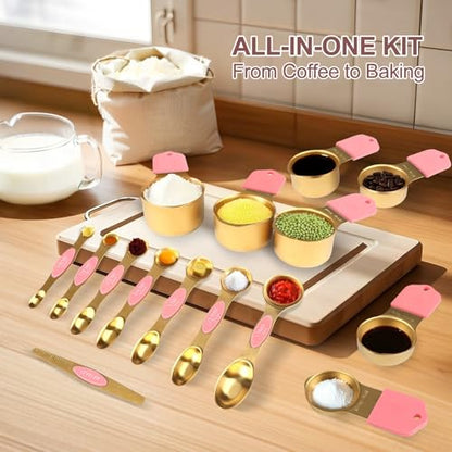16-Piece Stainless Steel Measuring Cups and Spoons Set, Strong Magnetic Nesting Design 7 Cups 8 Spoons with Leveler, Double Measurement Markings for Dry & Liquid Ingredients, Pink & Gold - color: 16-Piece Pink & Gold