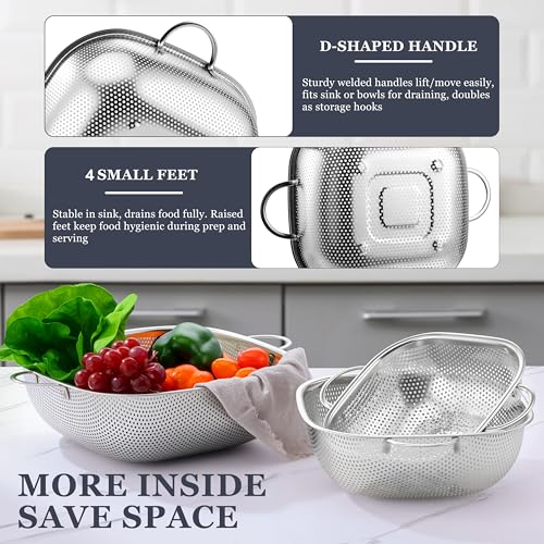 E-far 3 Pack Colander for Kitchen, Square Stainless Steel Metal Strainer Colander with Handle for Draining Food Pasta Vegetable, Micro-Perforated & Elevated Feet, Dishwasher Safe(2.4/4/6QT) - size: 2.4/4/6QT