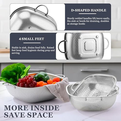E-far 3 Pack Colander for Kitchen, Square Stainless Steel Metal Strainer Colander with Handle for Draining Food Pasta Vegetable, Micro-Perforated & Elevated Feet, Dishwasher Safe(2.4/4/6QT) - size: 2.4/4/6QT